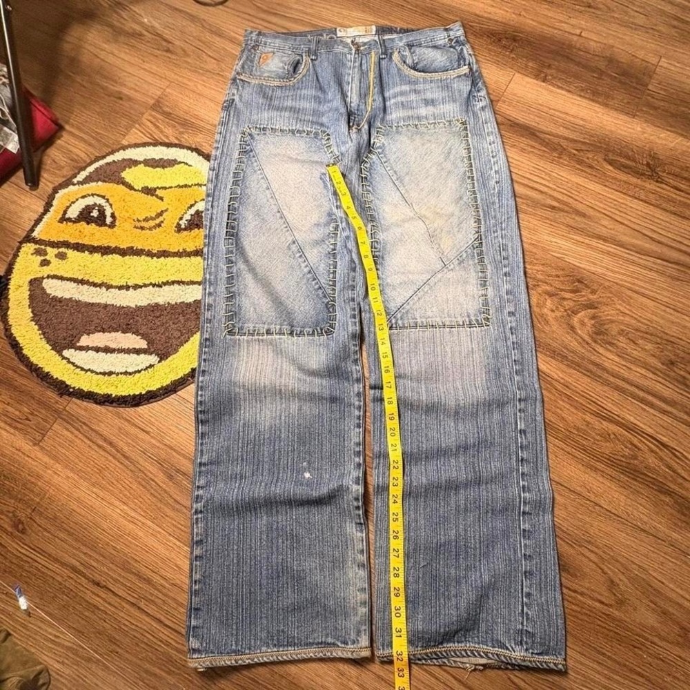 Akdmks baggy double knee blue jeans w unique yellow stitching Heel drag (0213)